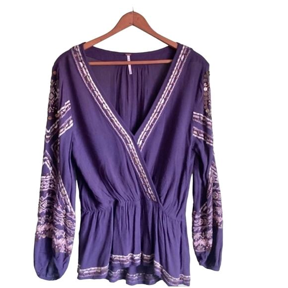 Free People Sequins Blouse Women Sz S Purple  Embroidered Long Puff Sleeves Boho - Picture 5 of 15